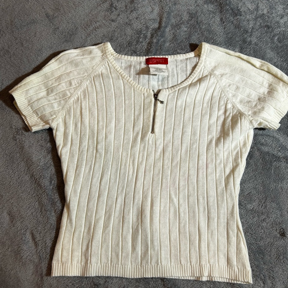 Esprit Off-White Ribbed Short Sleeve Top
